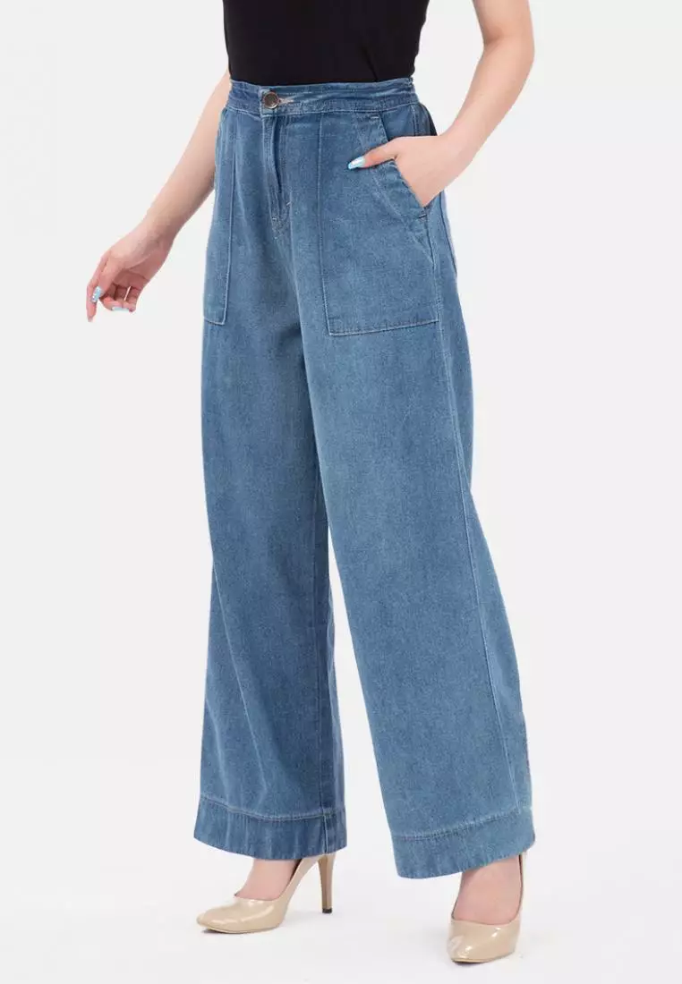 Elastic Waist Culotte Jeans in Blue