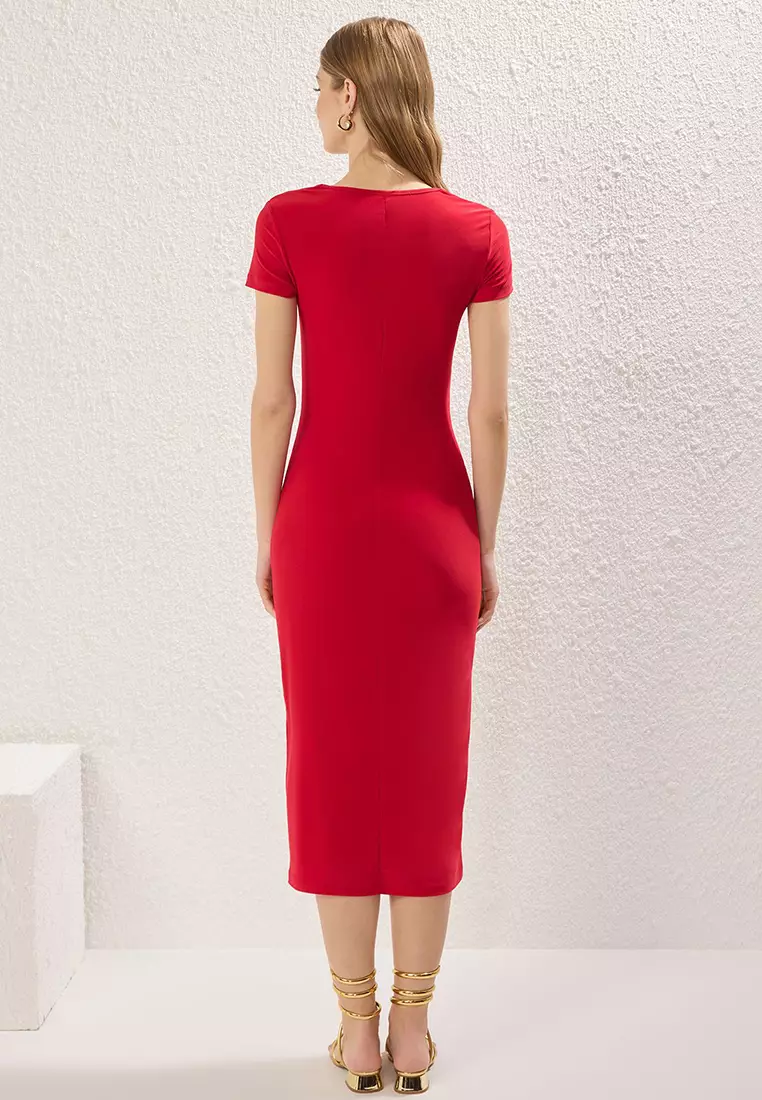 Red Square Neck Bodycone/Fits Body Stretchy Midi Knit Dress Twoss25El00691