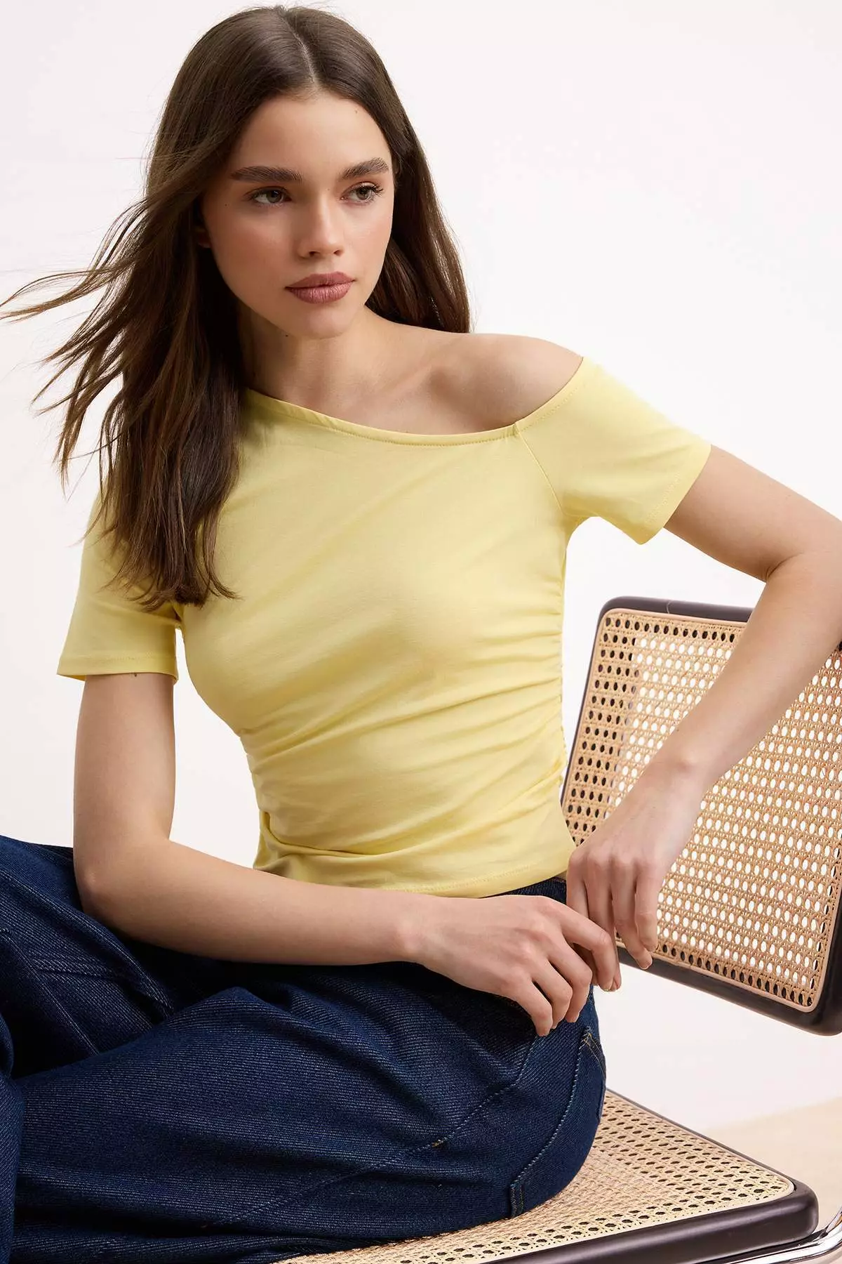 Light Yellow Shirred Asymmetric Neckline Stretchy Knitted Blouse Twoss24Bz73