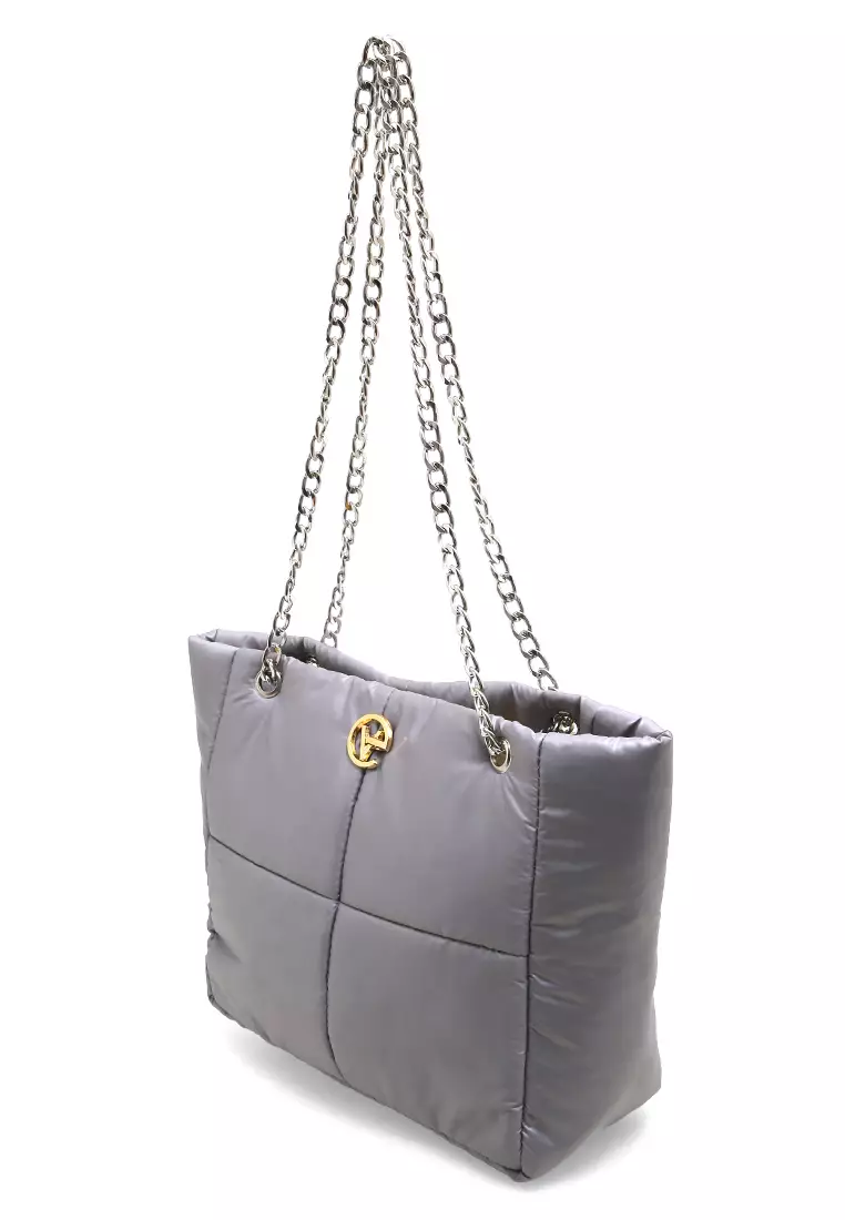 Reina Puffy Bag Two Ropes Smooth Shiny And Plain - Silver PVC