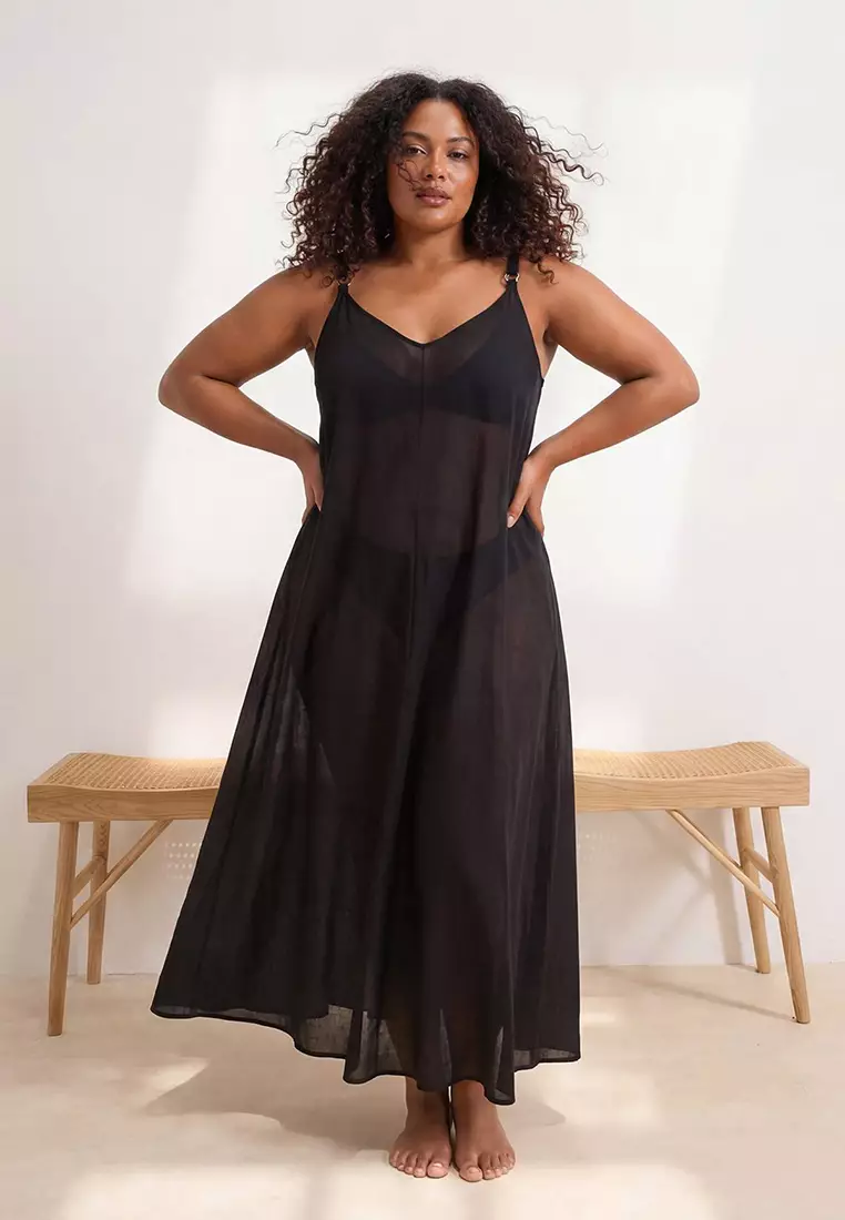 Beachwear Black Maxi Length Voile Woven Plus Size Beach Dress Tbbss26Ah00106