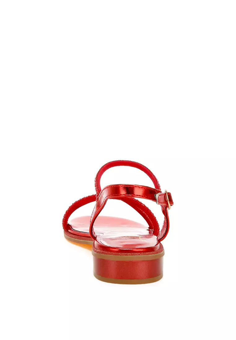 Rhinestone Pearl Detail Flat Sandals in Red
