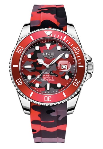 LIGE red and silver LIGE Unisex Diver's Stainless Steel Quartz Watch, Red Camouflage Dial and Rubber Strap 19DDFACA175B01GS_1