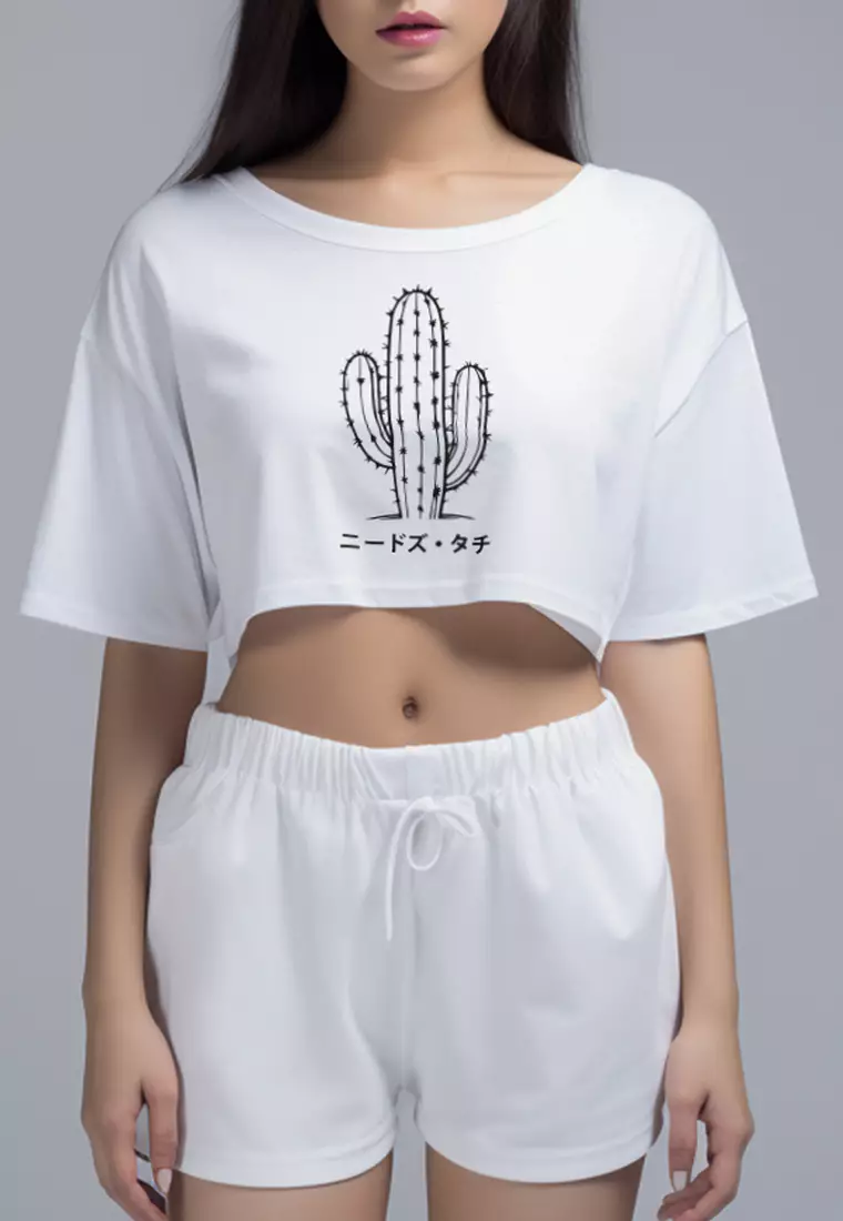 LTH05 Kaos Crop Top Wanita "cactus outline" OLC putih