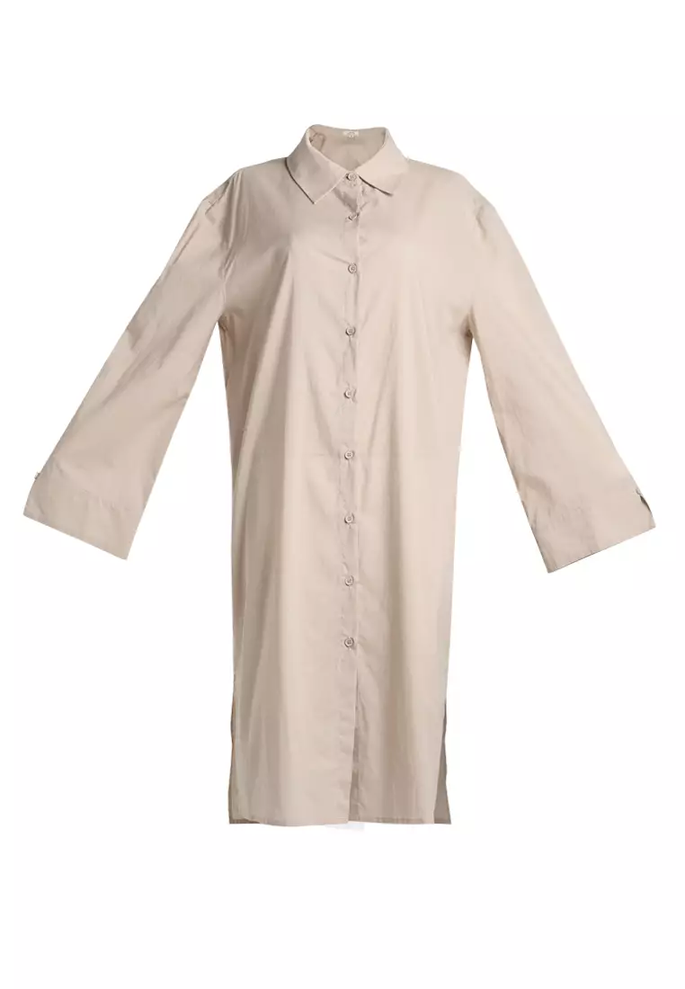 open lace back dress Khaki Stripe Long Sleeve Button Up Mini Shirt Dress main image 1