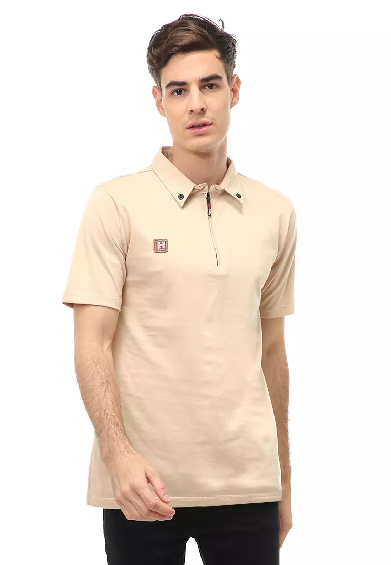 Jack Atasan Casual Pria T-Shirt Kaos Polo Resleting Short Sleeve Material Cotton ORIGINAL - Cream