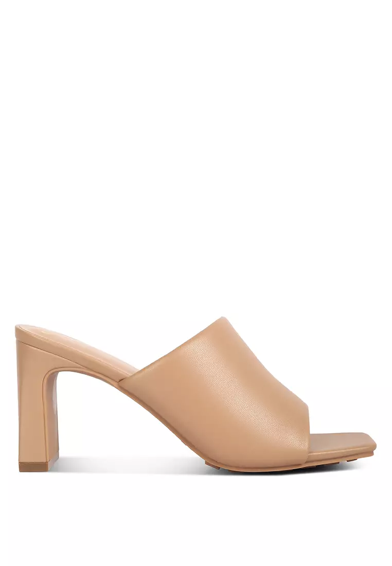 Camel Slip-On Mid Heel Sandals