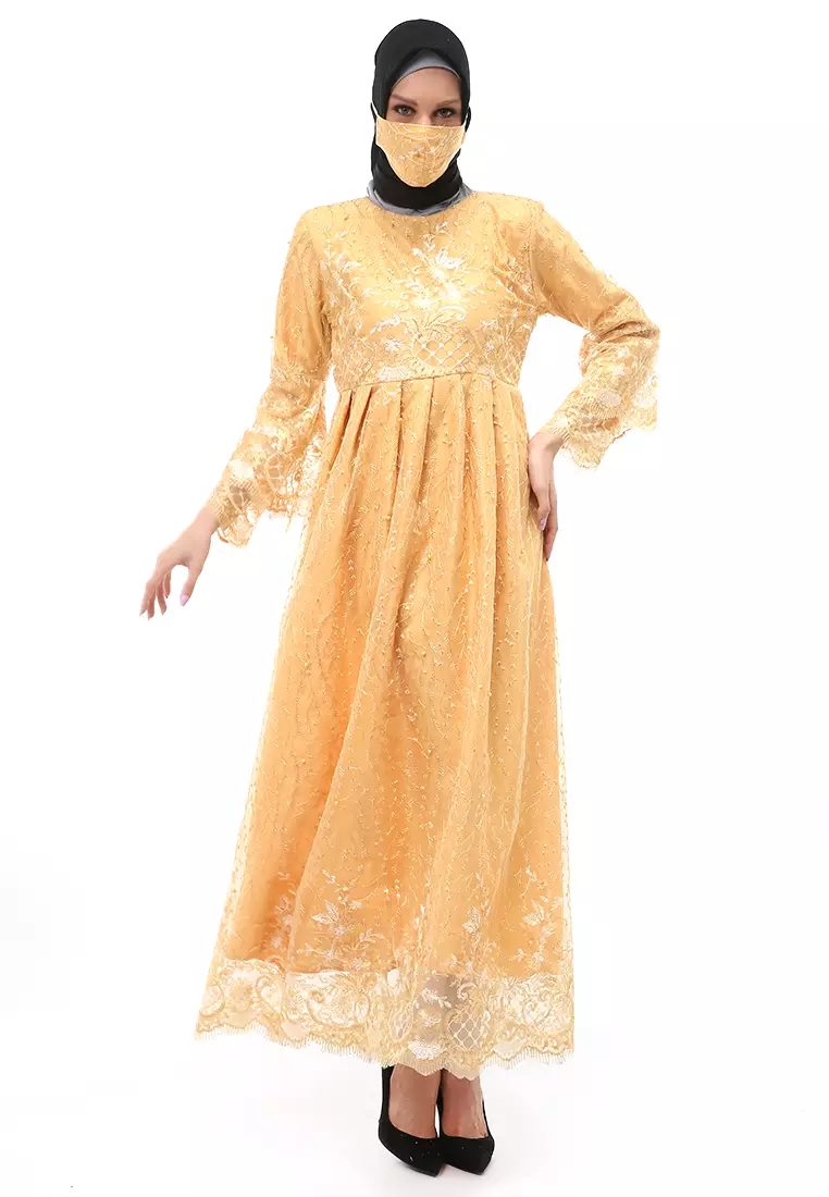 Araya Gamis Tulle Wanita Muslimah Long Dress Regular Fit - Gold