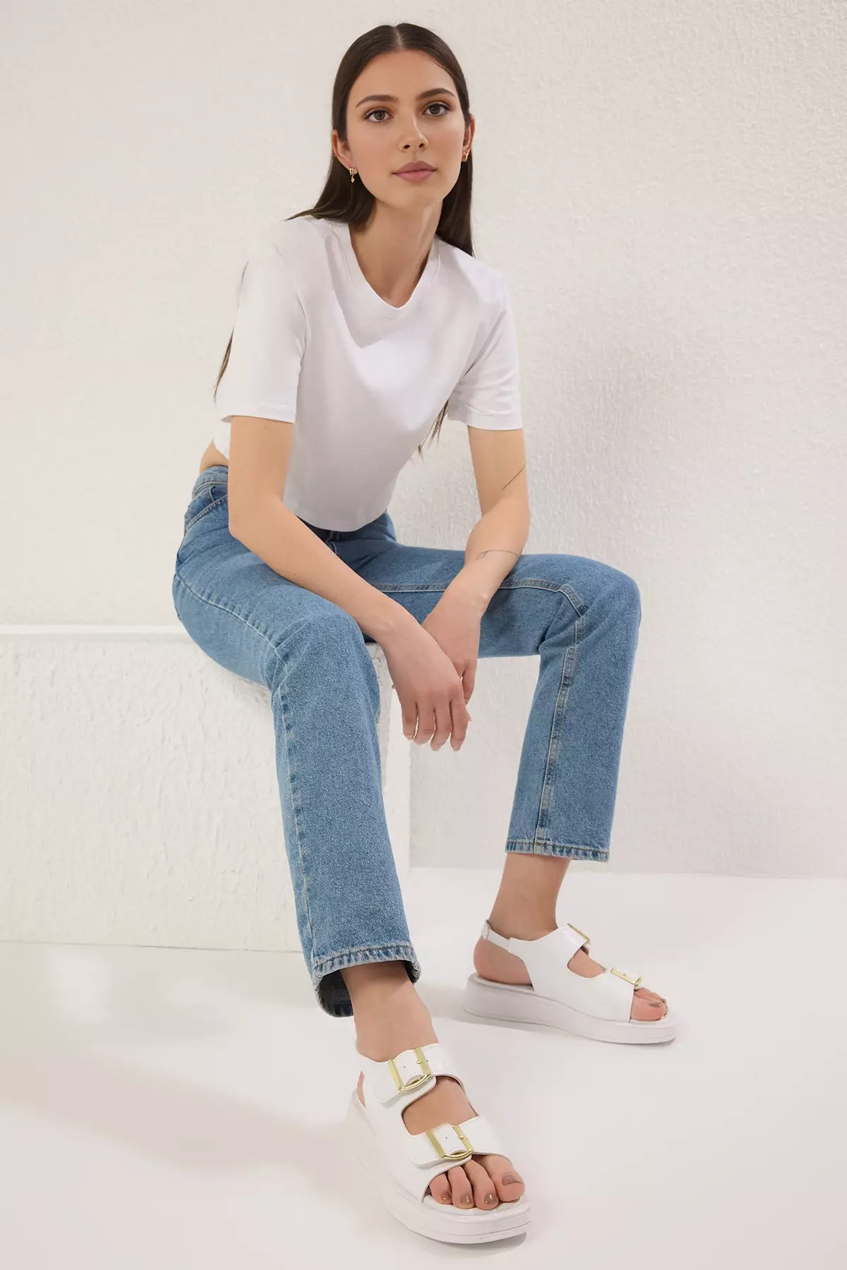 White Double Buckle Women's Thick Sole Sandals Takaw25Sd00000