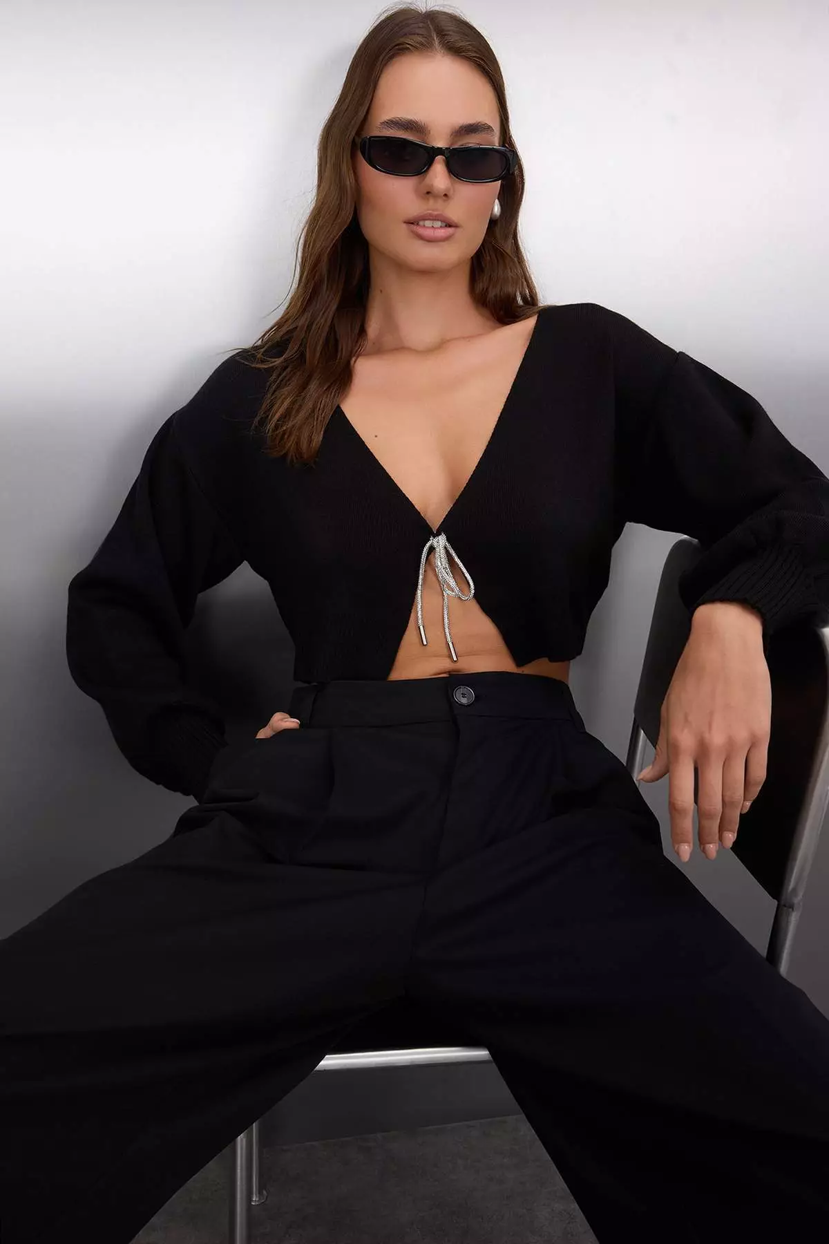 Black Super Crop Basic Bow Knitwear Cardigan Twoaw24Hi00315
