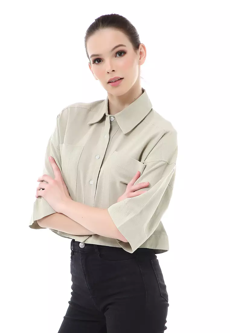 Brielle Atasan Wanita Kemeja Crop Oversize Shirt Lengan Panjang Material Linen ORIGINAL - Sage