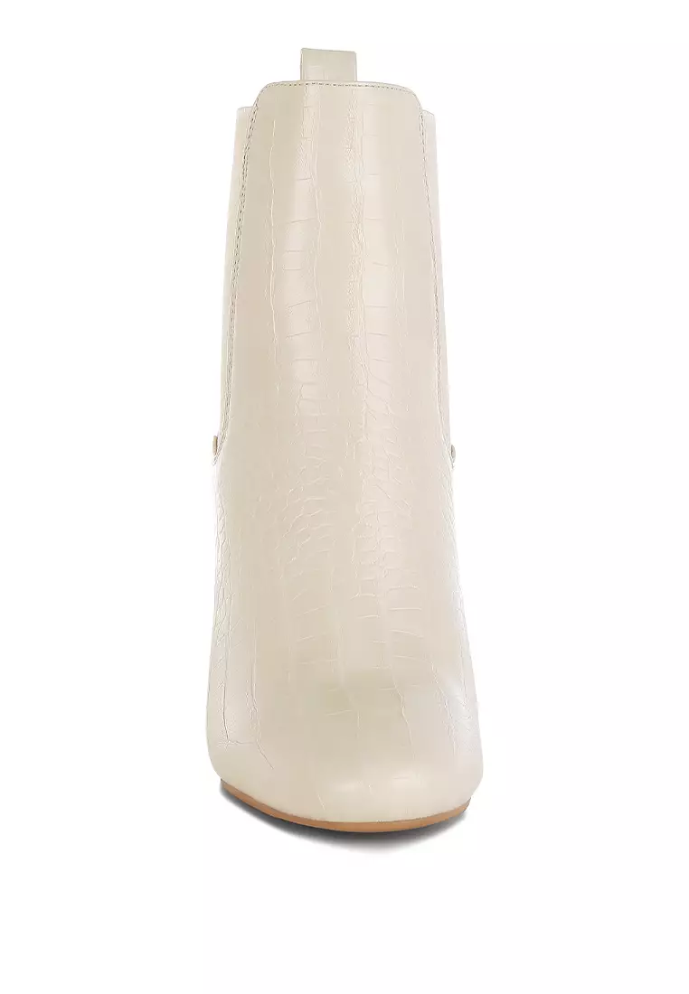 Faux Leather Block Heel Ankle Boots in Beige