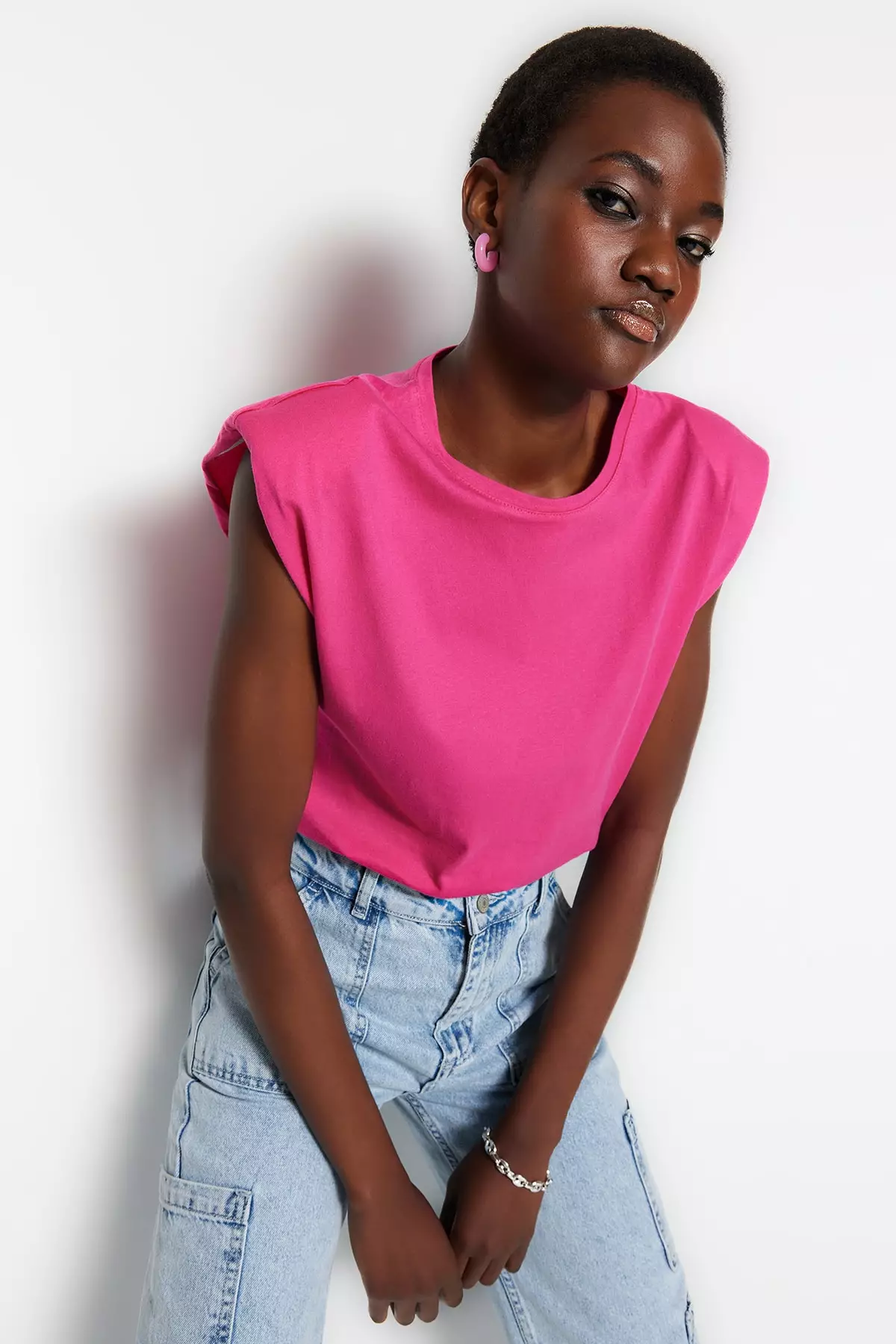 Fuchsia Padded Crop Crew Neck Knitted T-Shirt