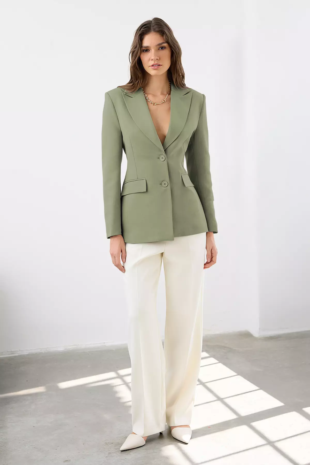 Light Khaki Fitted/Waist-Fitted Woven Blazer Jacket Twoaw26Bc