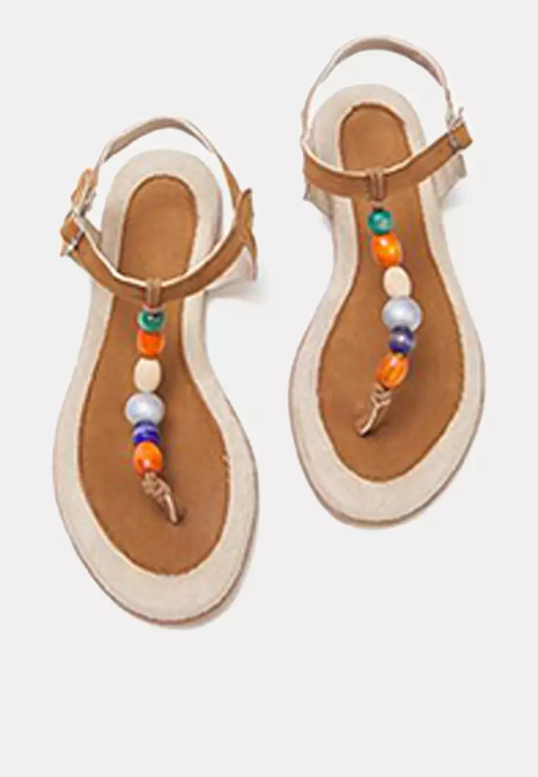 Brown Bead Detailed Women's Flip Flops Sandals Takss25Sd00029