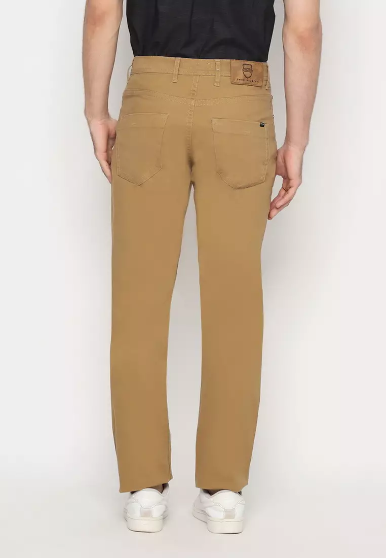 POLICE Celana Chino Panjang V Pocket Brown Regular Fit Cotton Premium Pria