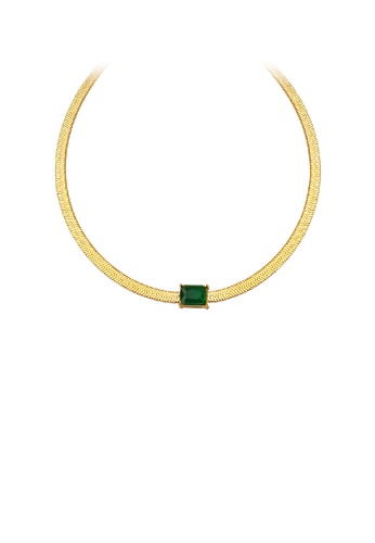 Glamorousky green Simple Personality Plated Gold 316L Stainless Steel Geometric Square Green Cubic Zirconia Chain Necklace DCB63ACAB497FFGS_1