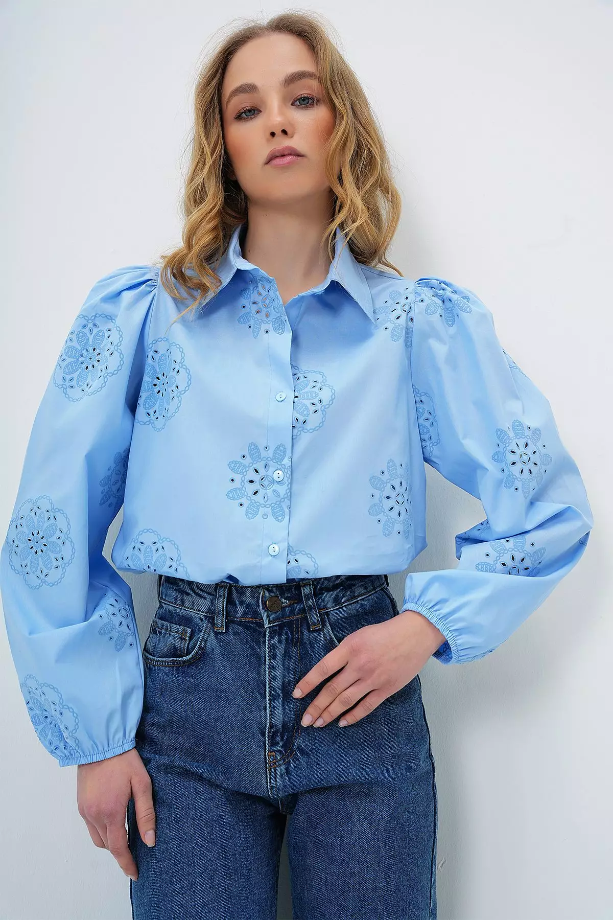 Women's Baby Blue Guipure Woven Premium Shirt Alc-X4366