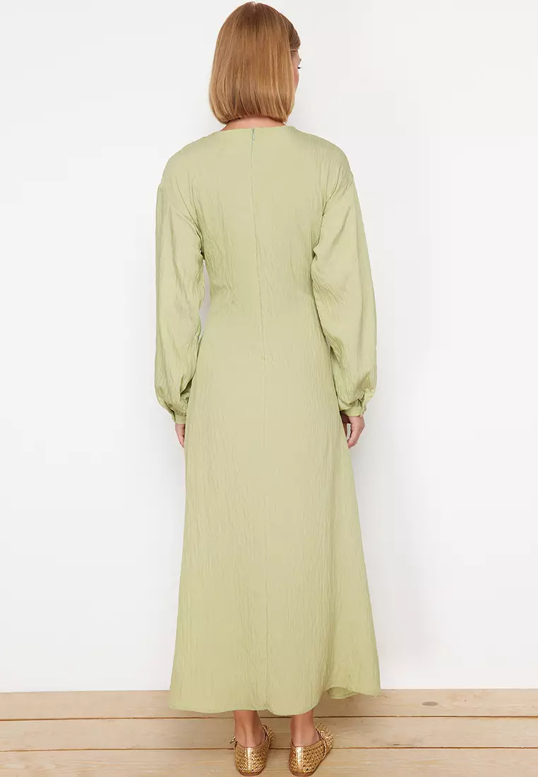 Khaki Front Tie Woven Dress TCTSS24EB00131