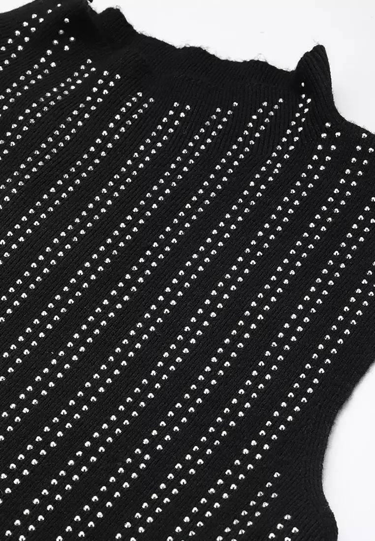 Sleeveless Sequin High Neck Top in Black