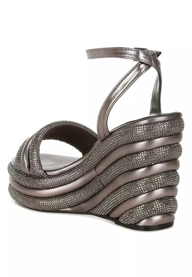 Pewter Rhinestone Studded Wedge Sandals
