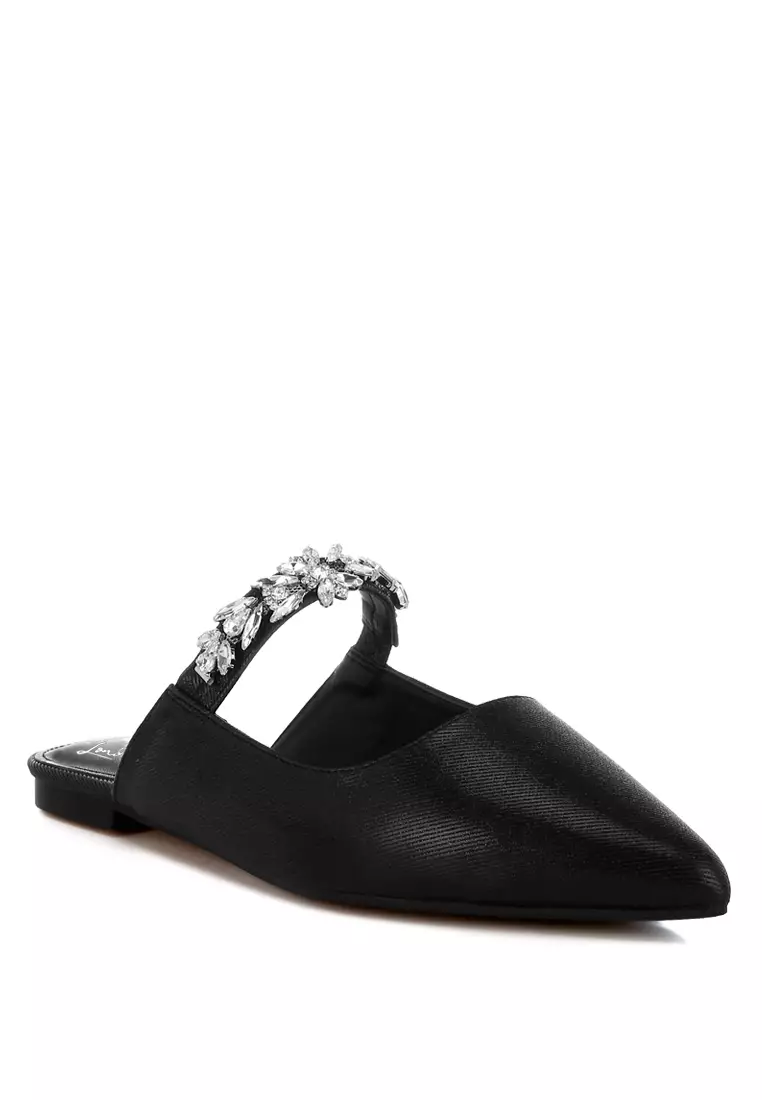 Sandal Selop Berkilau dengan Tali Berlian Imitasi Warna Hitam
