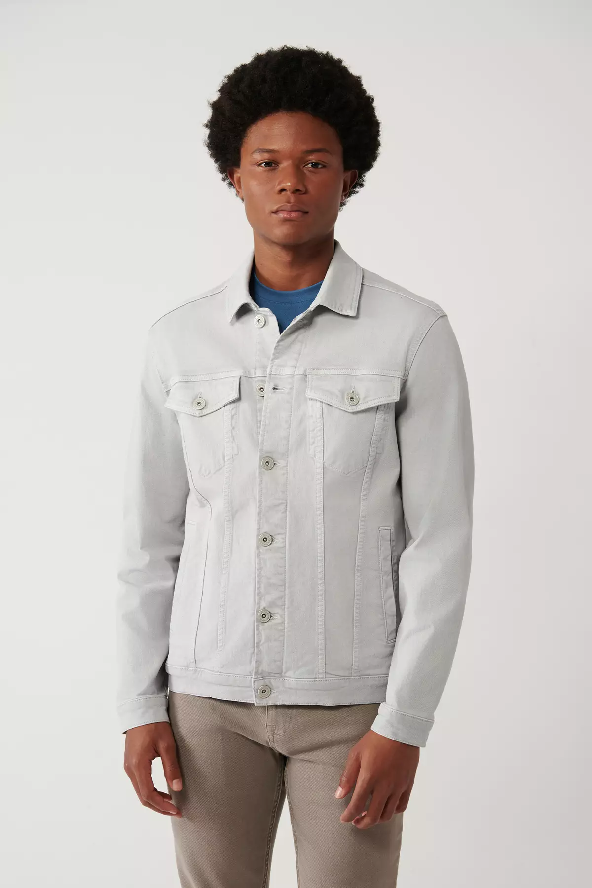 Men'S Gray Classic Collar Garment Dyed Pocket Comfort Fit Denim Jacket A41Y6020