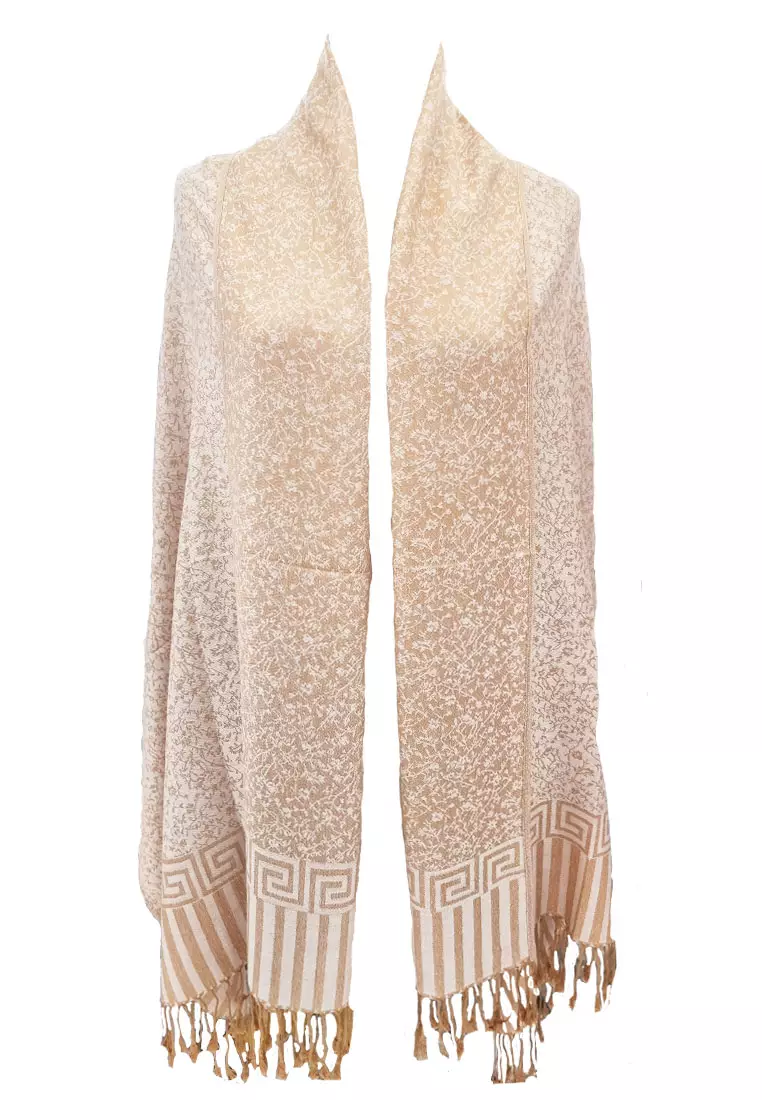 Reversible Viscose Floral Pattern Pashmina Shawl Syal Wanita Gold