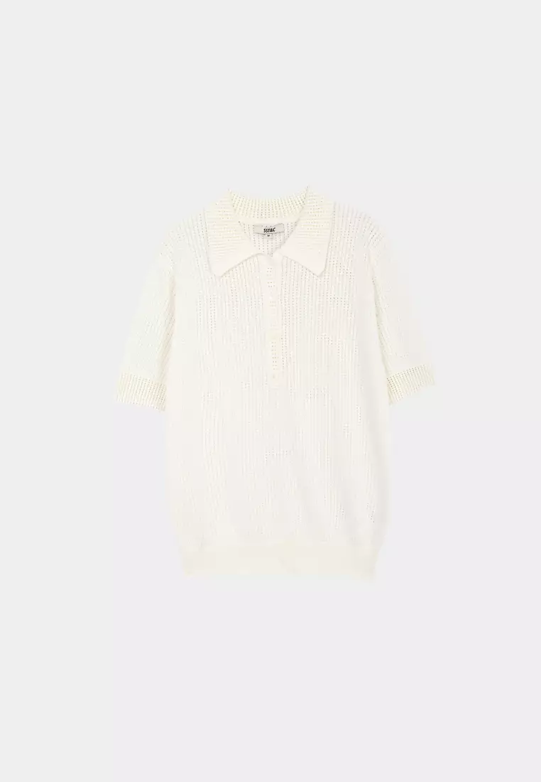 白色鏤空POLO領短袖針織衫