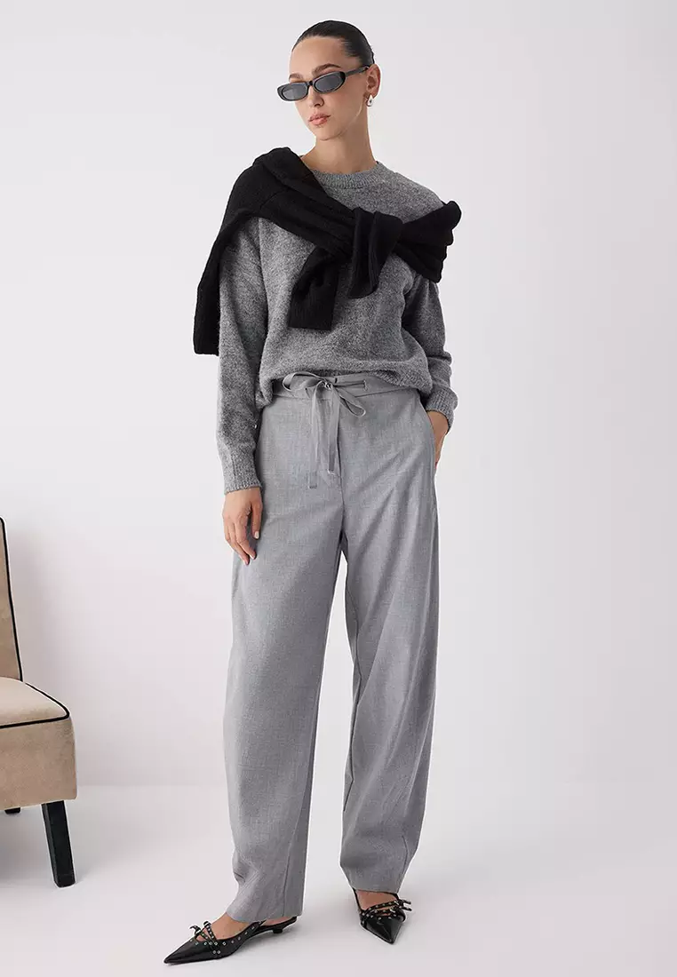 Anthracite Alpaca Wool Blended Premium/Special Yarn Wide Fit Basic Knitwear Sweater
