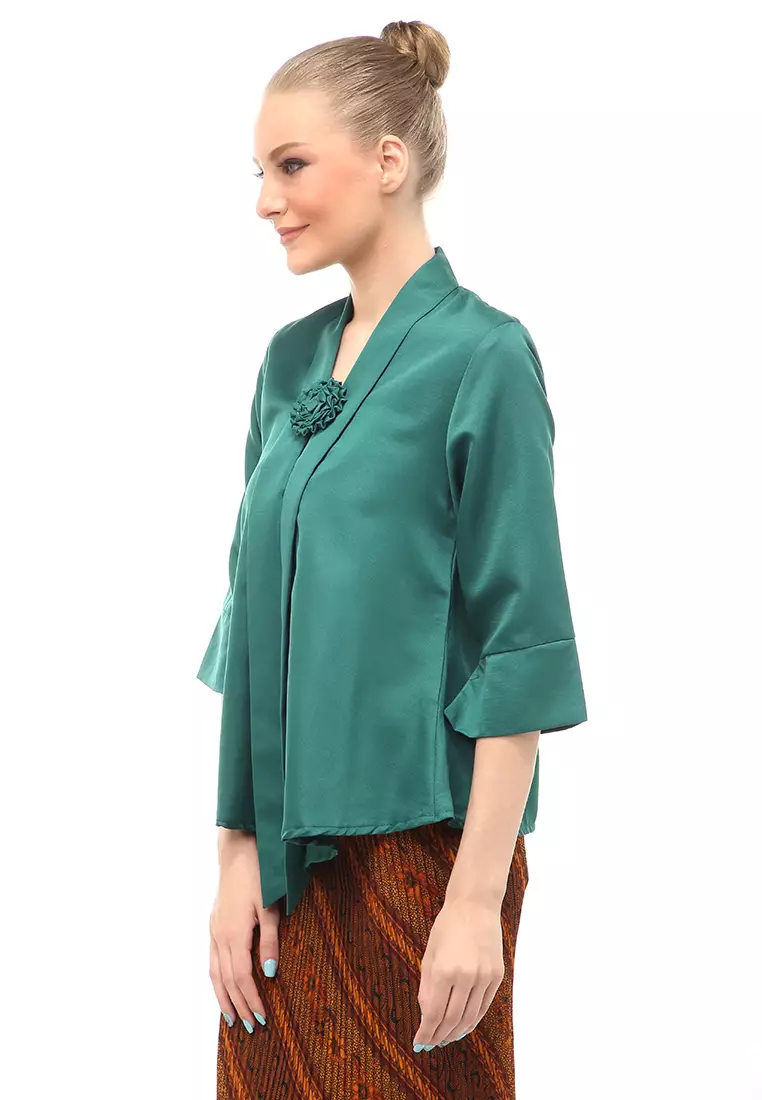 Elvia Kebaya Atasan Wanita Lengan Panjang Design Casual - Hijau Botol