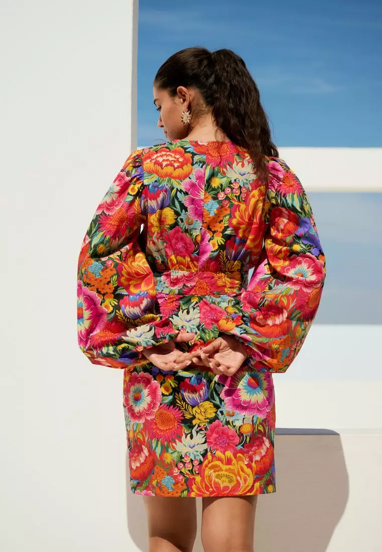 100% Cotton Long Sleeve Blouson Sleeve Waisted Mini Dress