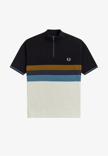 FRED PERRY black and white and blue Fred Perry K3544 Funnel Neck Knitted Shirt (Ecru) 25F3EAA829065FGS_1