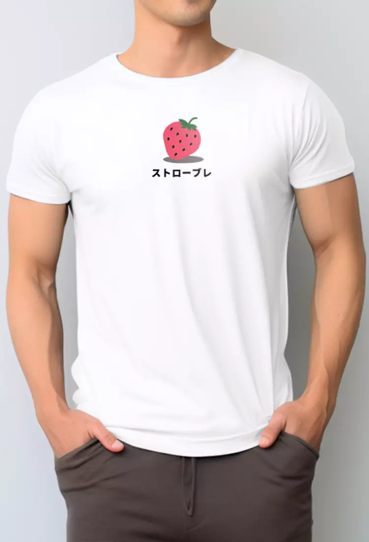 NTC39 kaos anti kusut stretch tulisan jepang anime strawberry putih