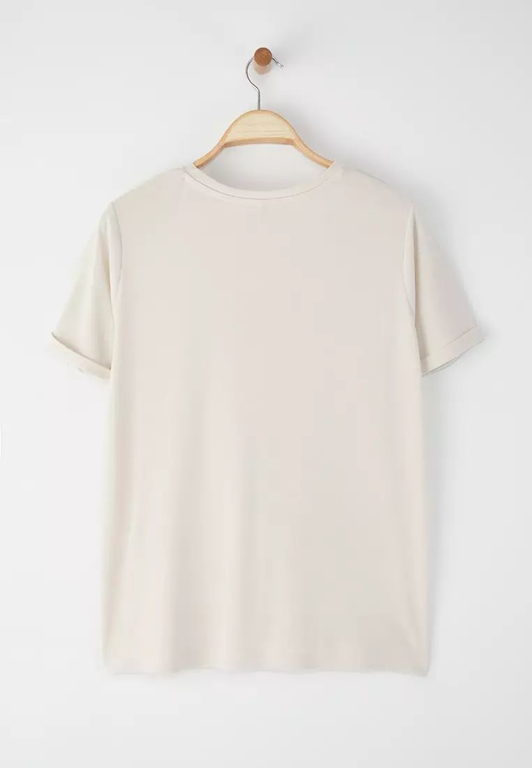 Beige Crew Neck Modal Flowy Comfortable Plus Size T-Shirt Tbbss25Bf00054