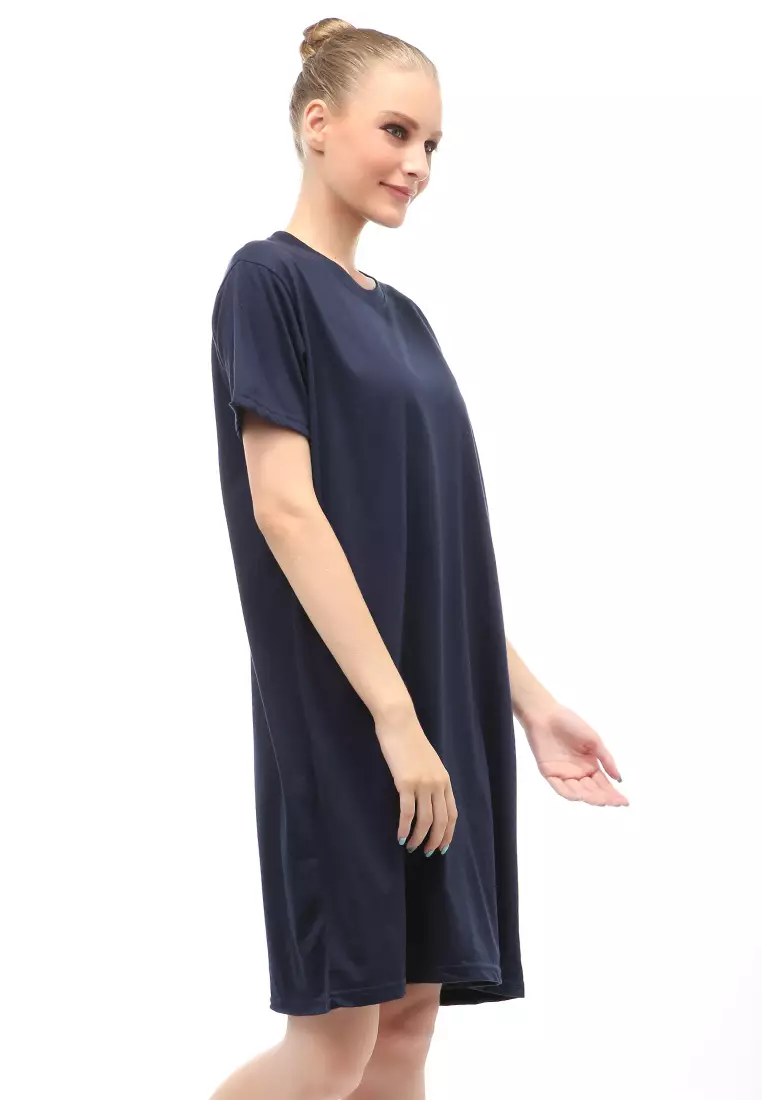 Finch Midi Dress Wanita Short Sleeves Motif Polos - Navy