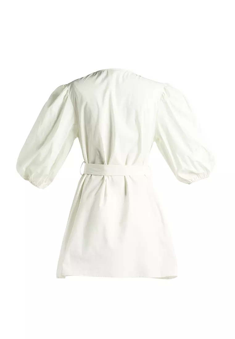 V-Neck Belt Dress In Off- White
