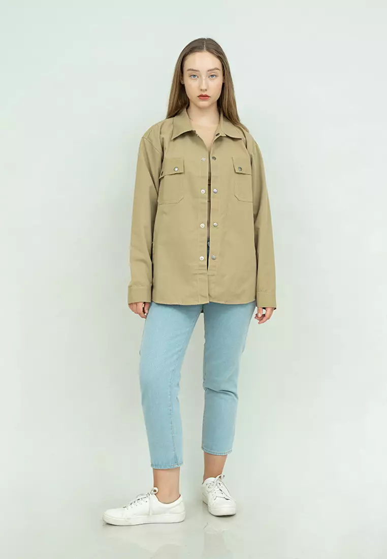 Jaket parka outer jaket wanita semi parka warna krem unisex