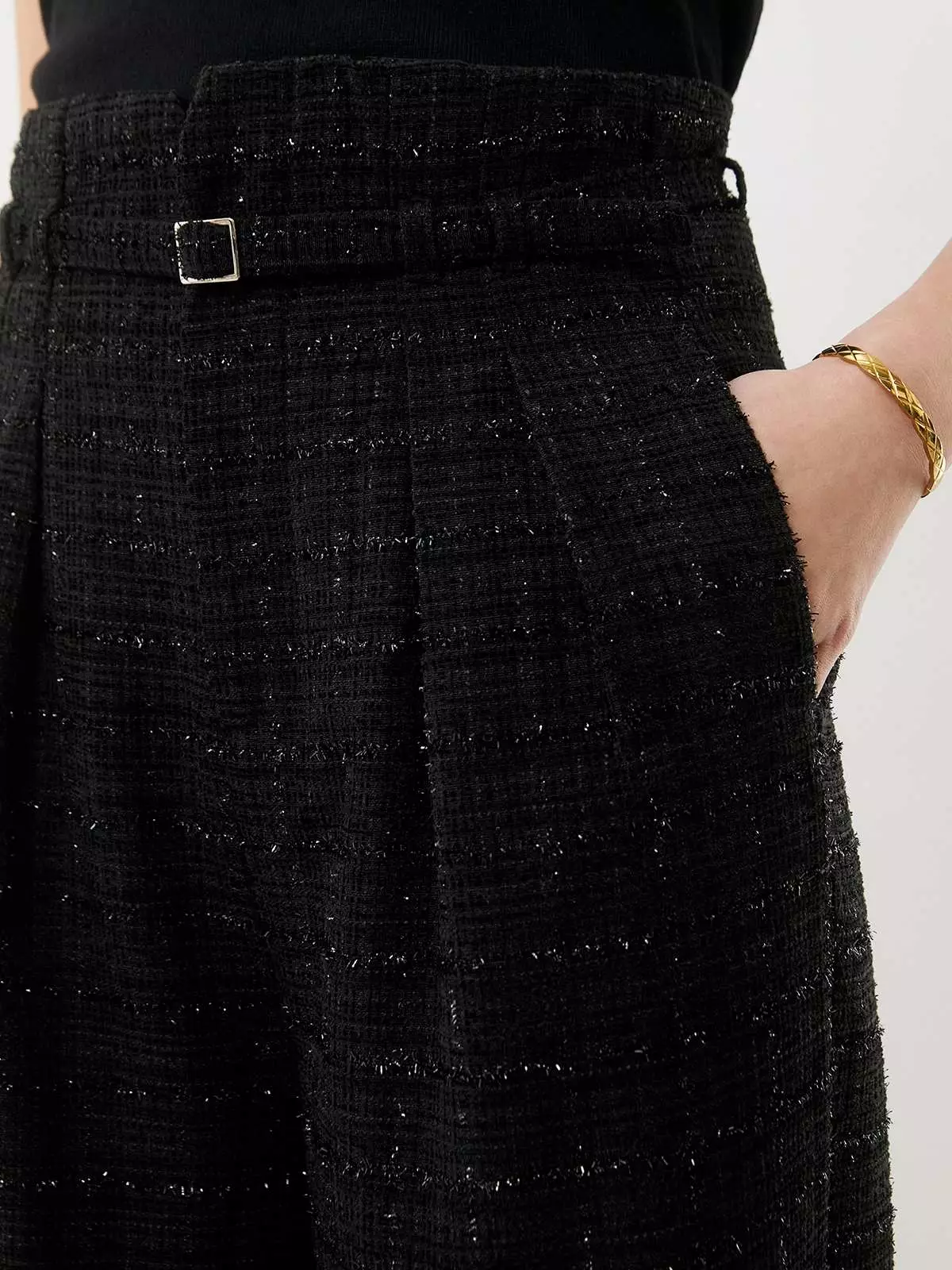 Belted Tweed Straight Pants - Black