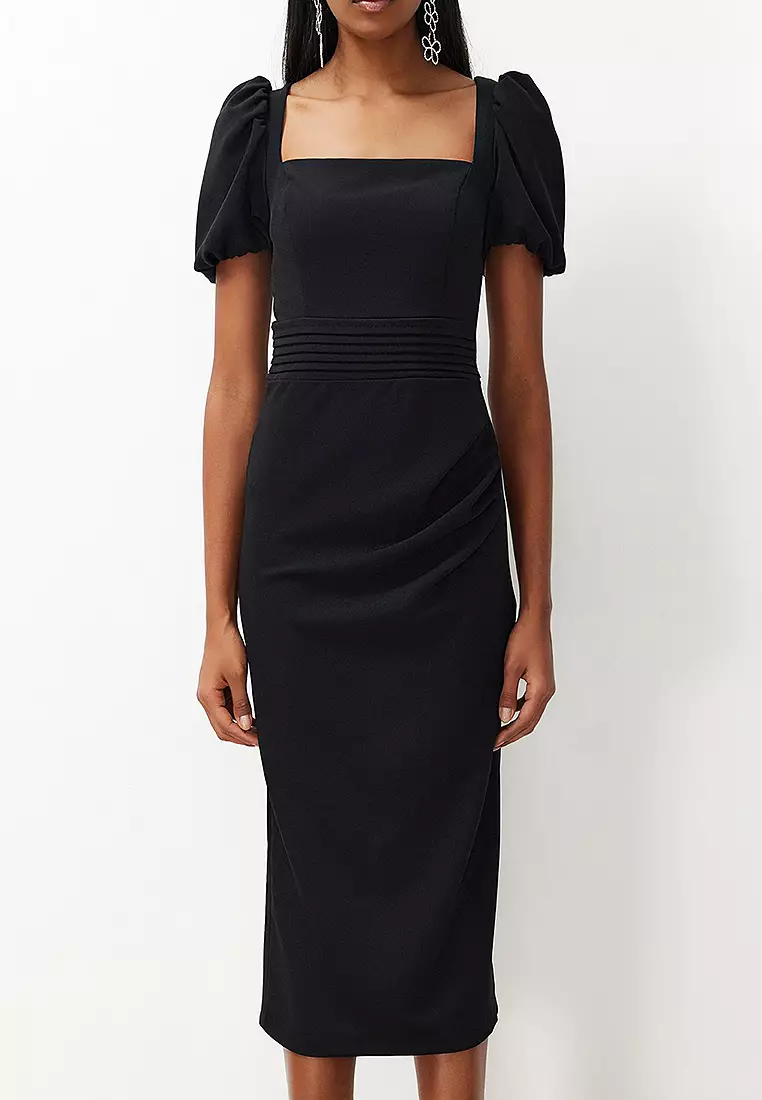 Square Neck Puff Sleeves Slit Midi Dress