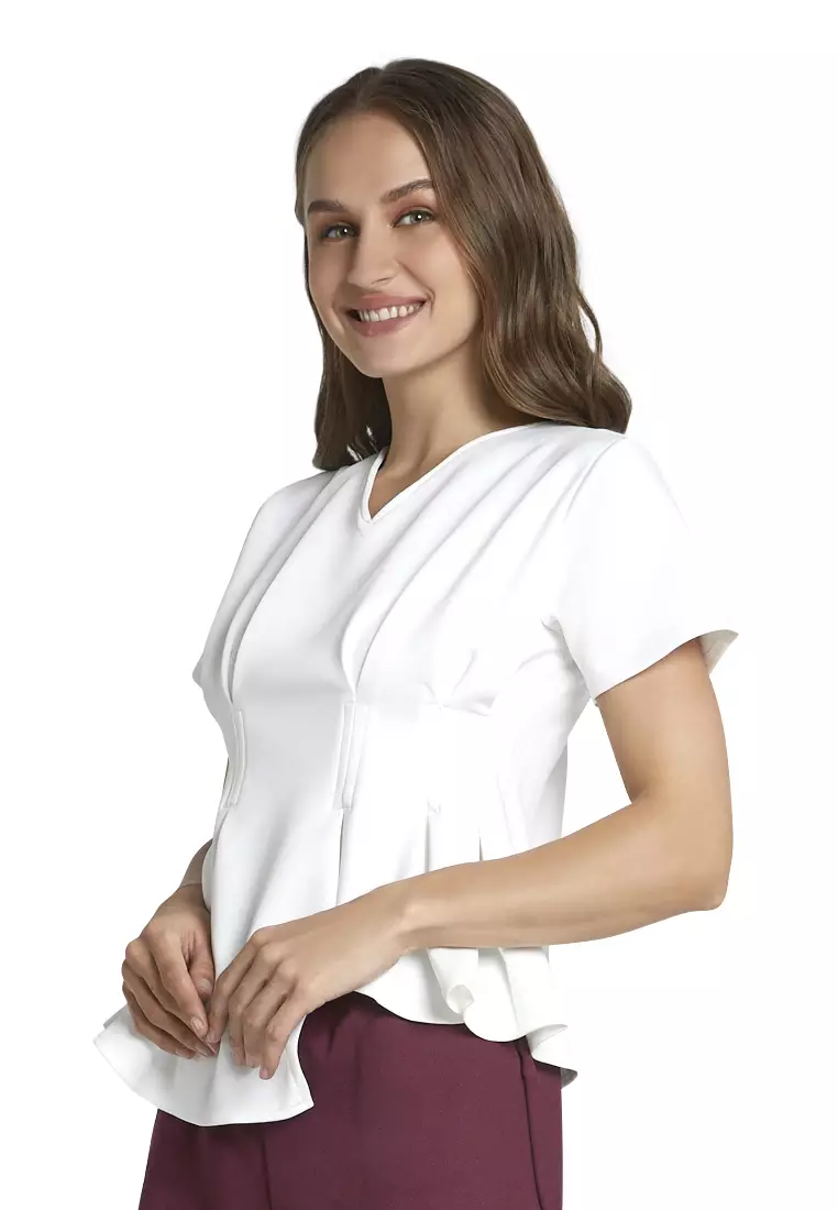 Callie Blouse Short Sleeve Motif Solid Atasan Wanita Casual - Putih