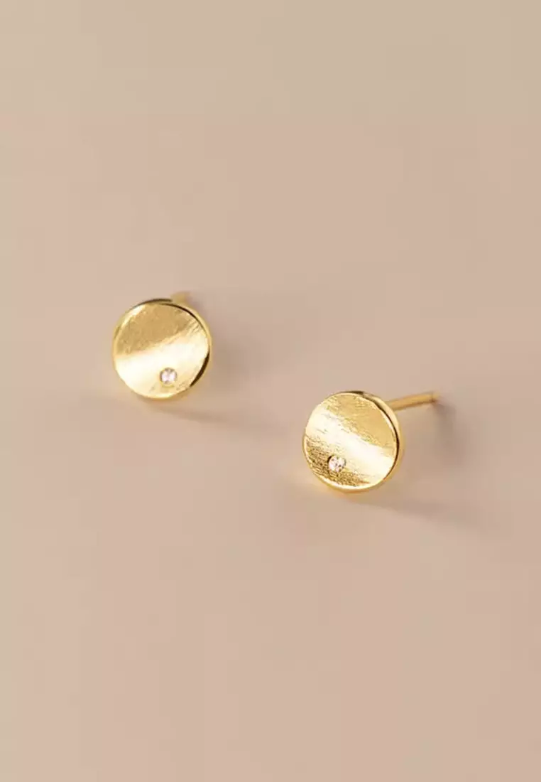 925 Silver Plated Gold Brushed Concave Round Plate Earrings JW AR-G8971