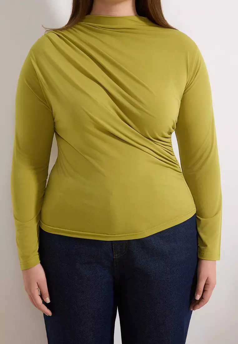 Oil Green Sandy Ruched Detail Long Arm Knitted Plus Size Blouse Tbbaw26Af00104