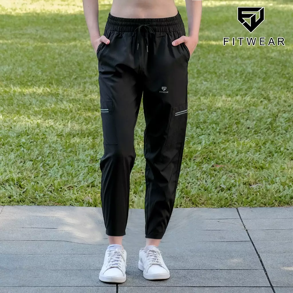 Fitwear Jogger Olahraga Wanita BONNIE 4 POCKET STRIPE DRYFIT OVERSIZE - BLACK