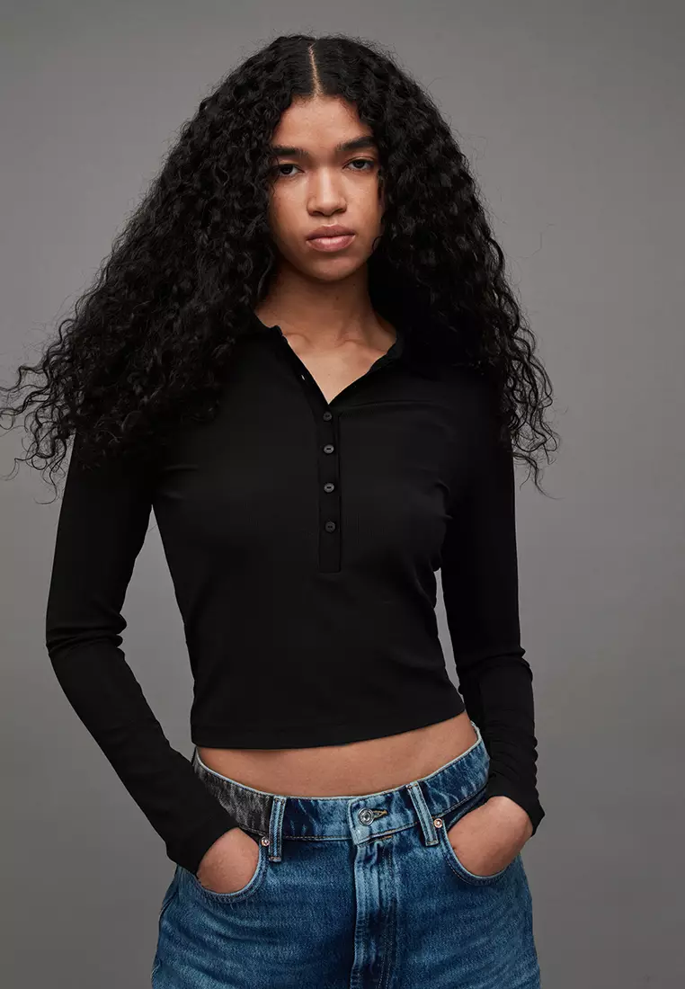 Buy AllSaints Hallie Long Sleeve Ribbed Polo Shirt 2025 Online