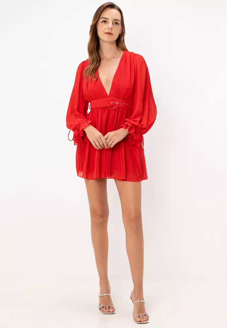 Buy ASOS Design Petite Pleated Blouson Sleeves Belted Mini Dress