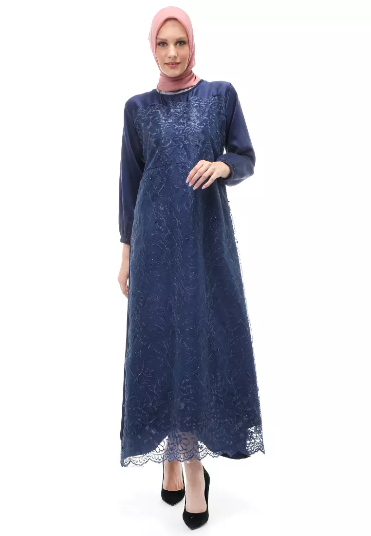 Monita Gamis Brokat Tile Wanita Muslimah Regular Fit - Navy