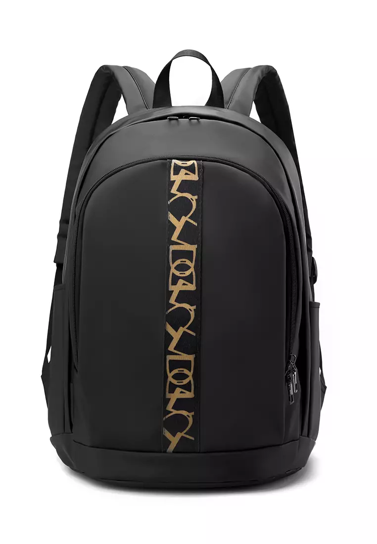 Men's Plain Water-proof Wear-resistant Nylon Zipper Backpack - Black