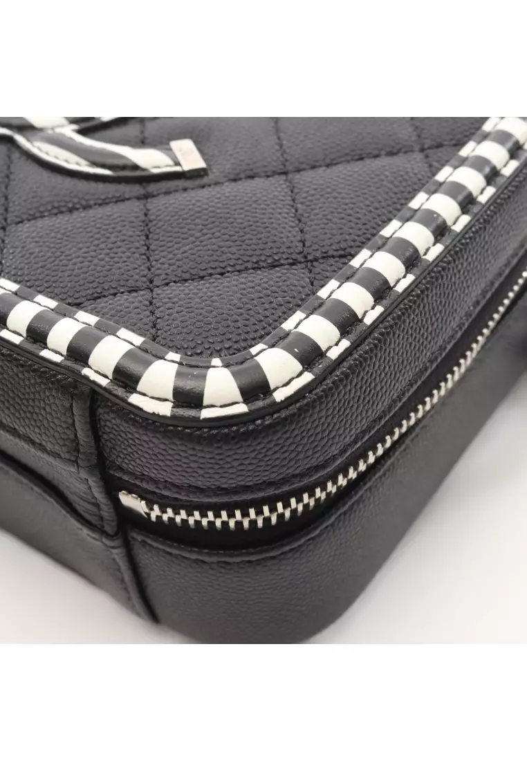 Pre-Loved Chanel CC filigree Small vanity bag chain shoulder bag Stripes Caviar skin black white silver hardware 2WAY