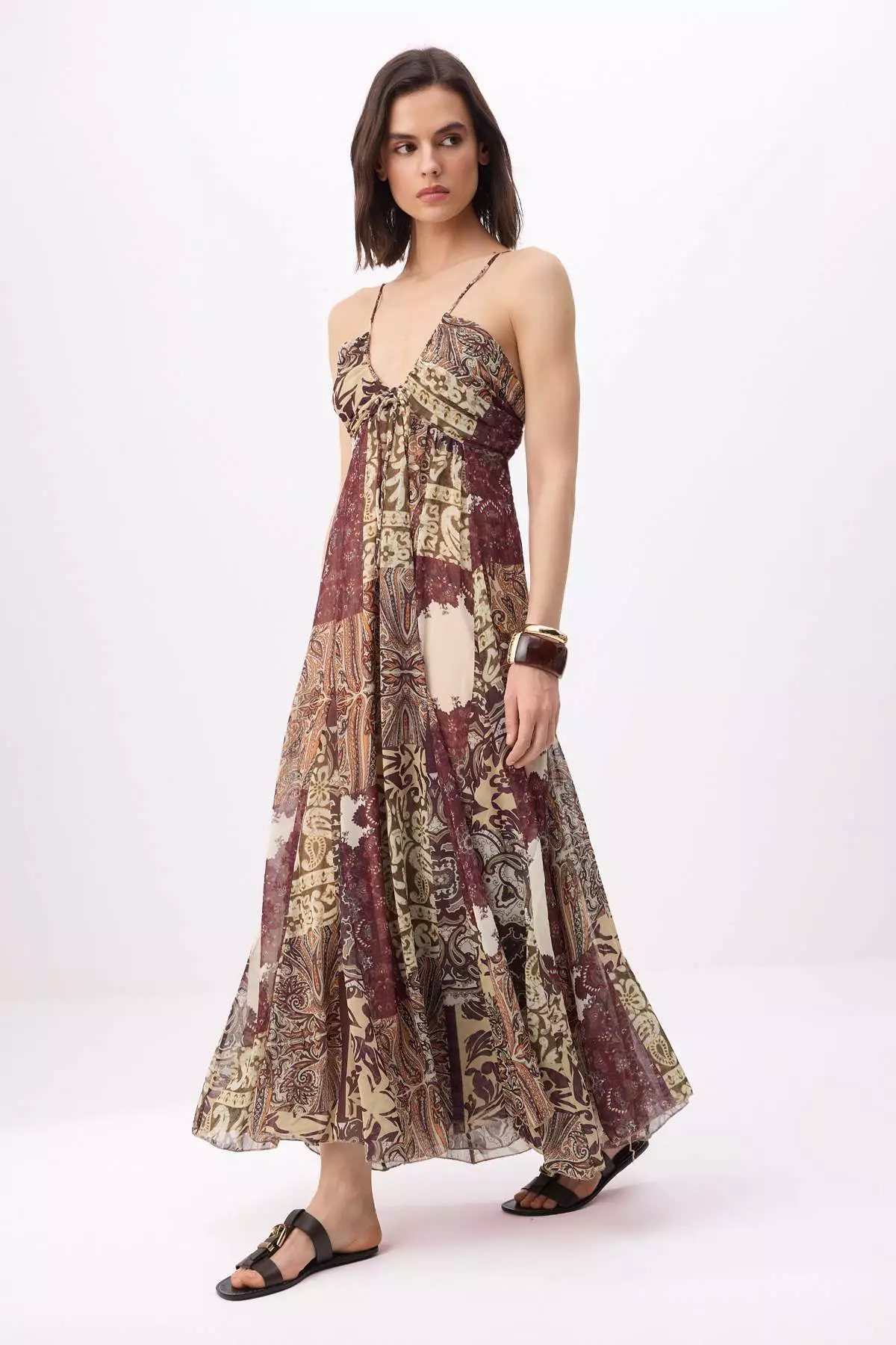 Brown-Multicolor Abstract Patterned Maxi Woven Dress Twoss26El761